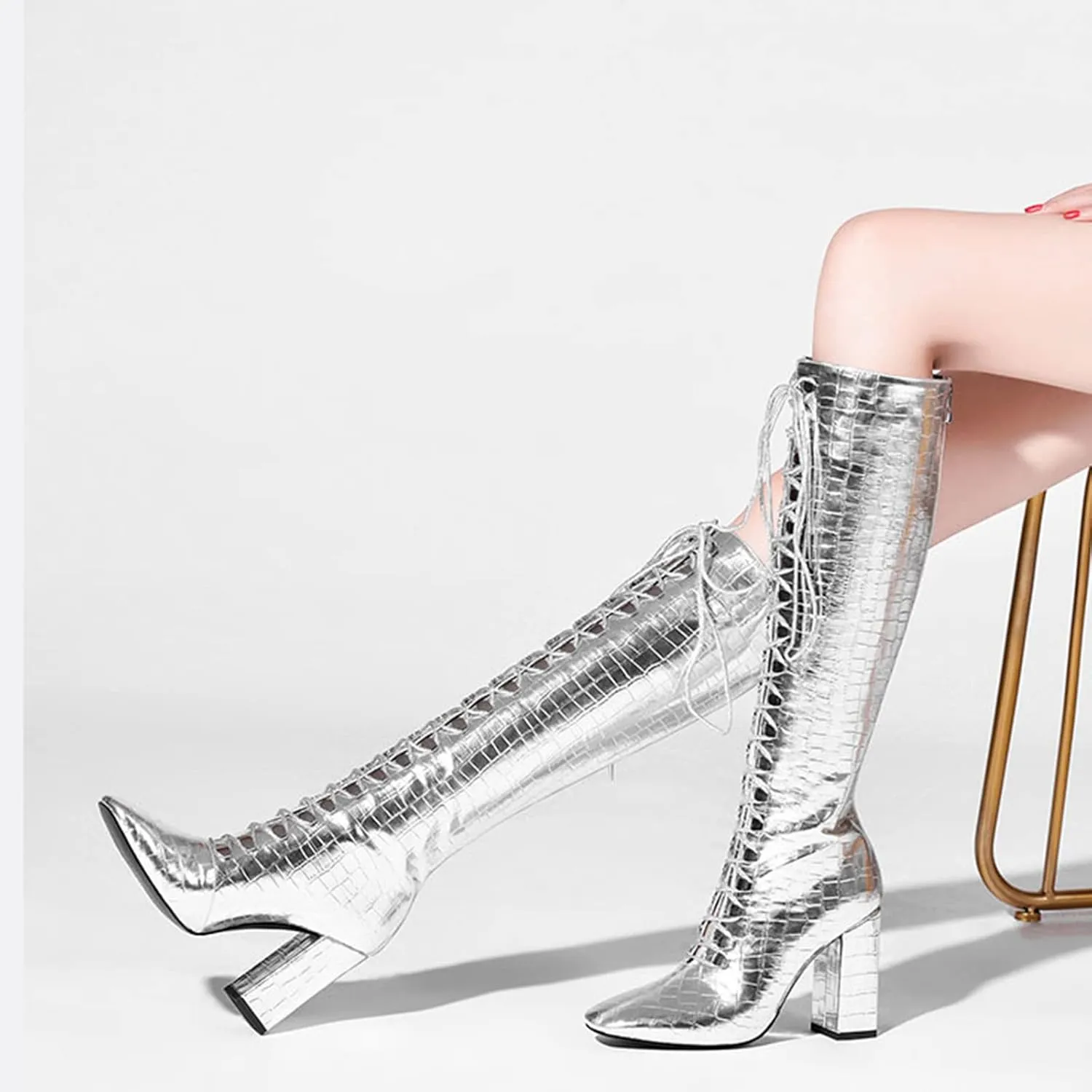 9Cm High Heels Ladies Sexy Over The Knee Boots Patent Leather Lace Up Ladies Dance High Heels