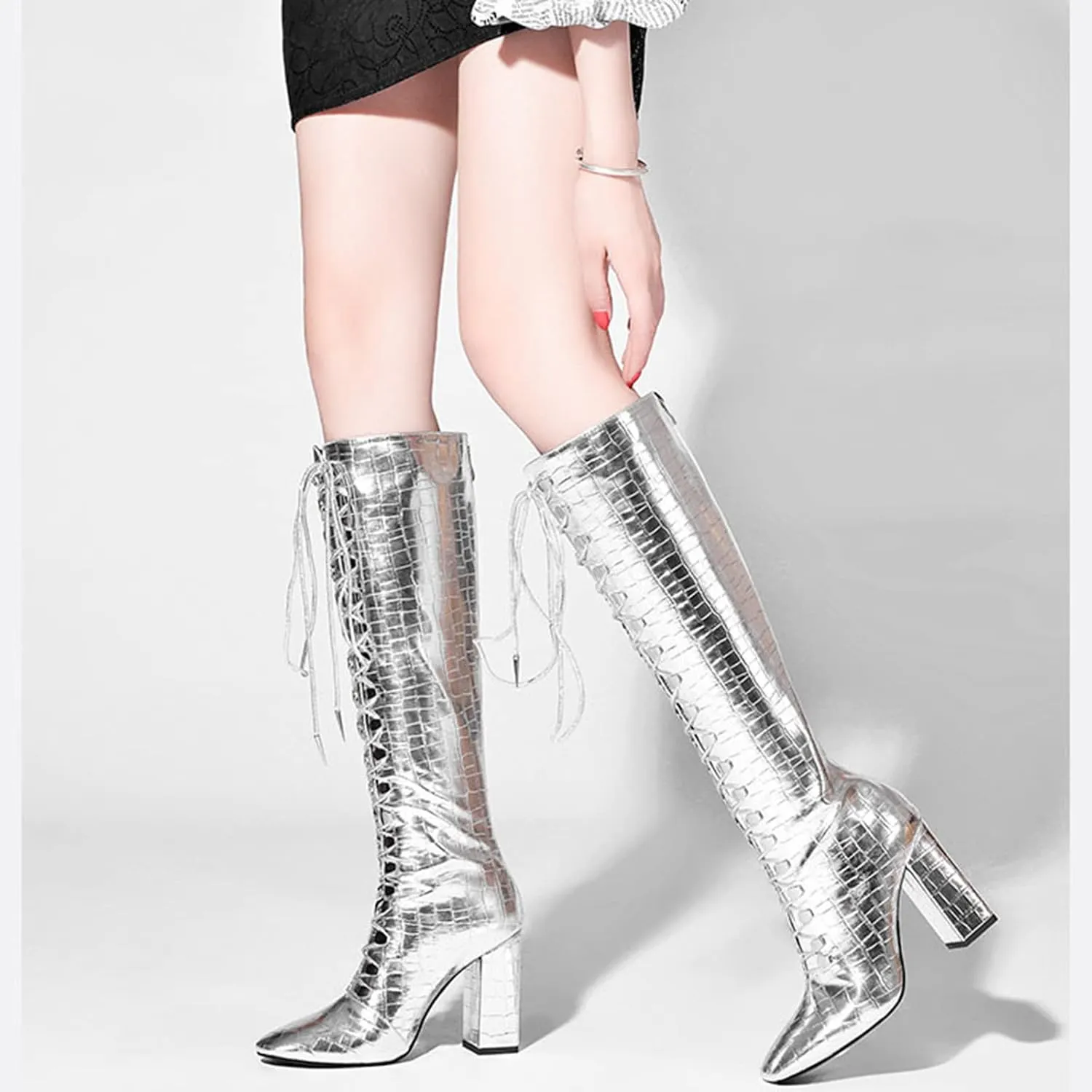 9Cm High Heels Ladies Sexy Over The Knee Boots Patent Leather Lace Up Ladies Dance High Heels