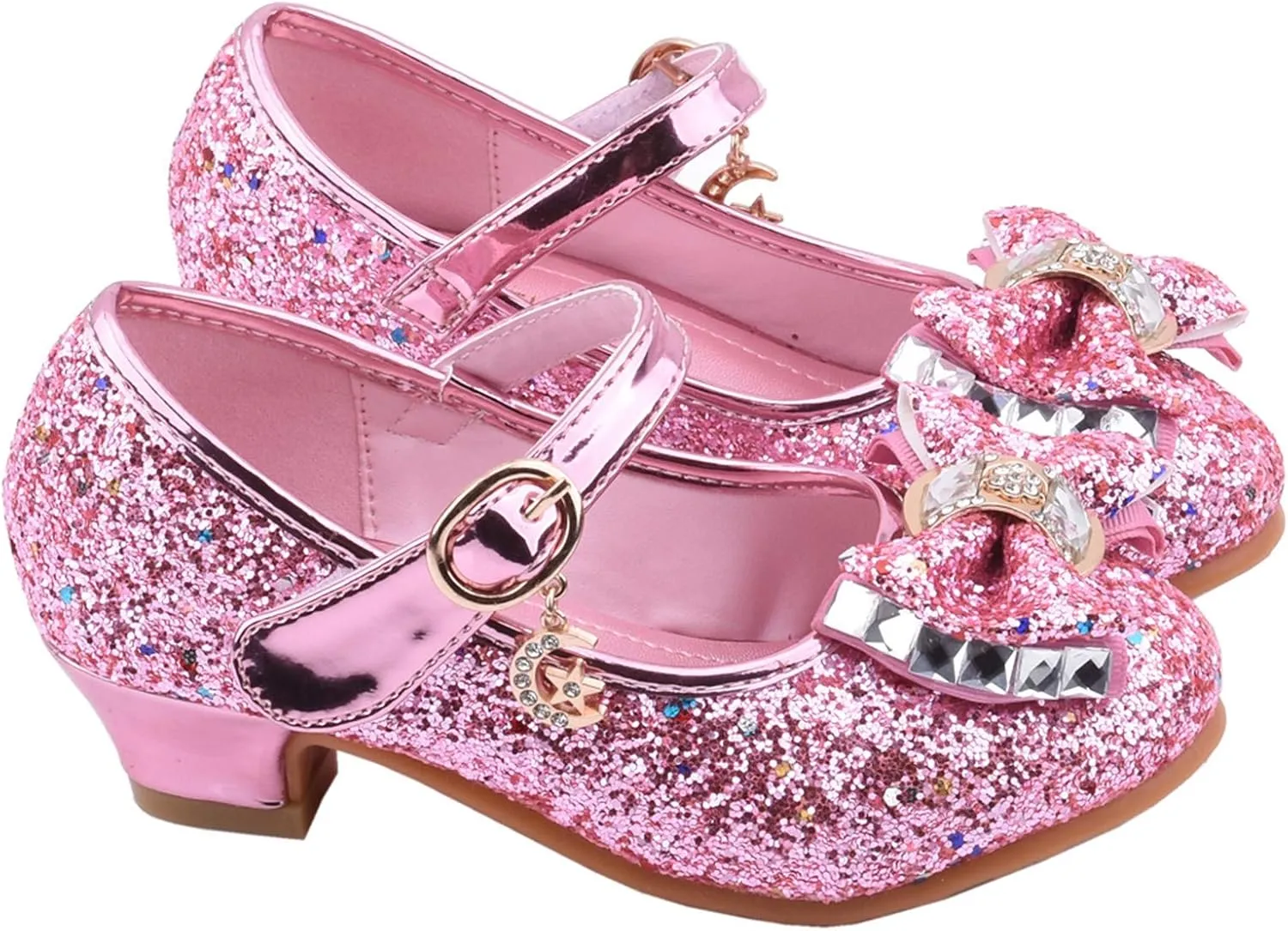 Baby Girl Solid Diamond Princess Shoe Low Heel Bowknot Leather Sandals Hook and Loop Splicing Metal Chain Shoes