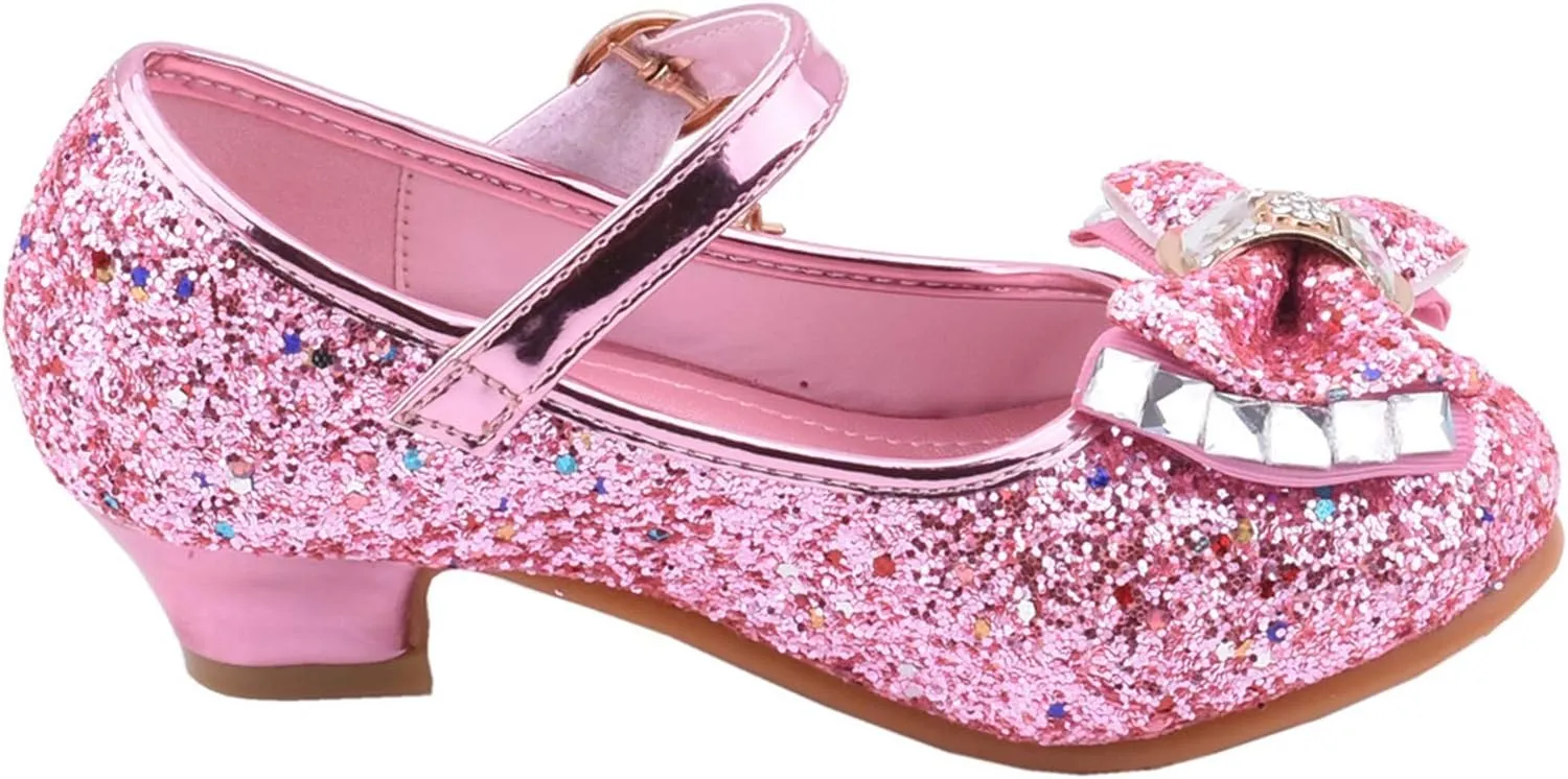 Baby Girl Solid Diamond Princess Shoe Low Heel Bowknot Leather Sandals Hook and Loop Splicing Metal Chain Shoes