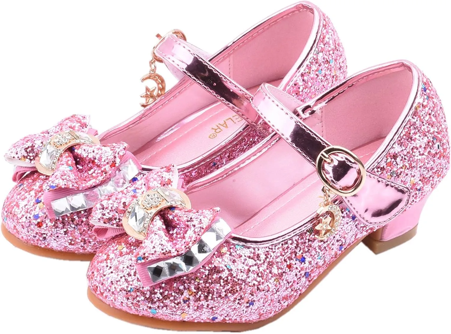 Baby Girl Solid Diamond Princess Shoe Low Heel Bowknot Leather Sandals Hook and Loop Splicing Metal Chain Shoes