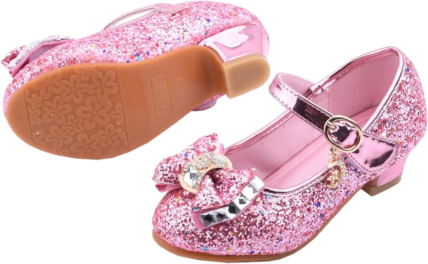 Baby Girl Solid Diamond Princess Shoe Low Heel Bowknot Leather Sandals Hook and Loop Splicing Metal Chain Shoes