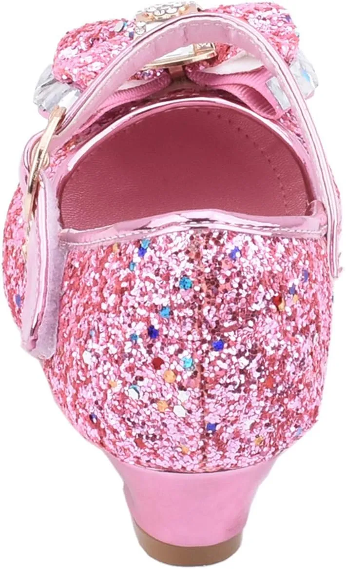 Baby Girl Solid Diamond Princess Shoe Low Heel Bowknot Leather Sandals Hook and Loop Splicing Metal Chain Shoes