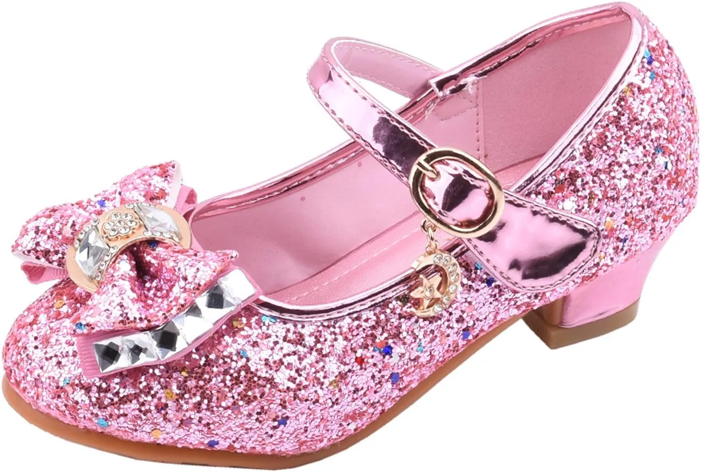 Baby Girl Solid Diamond Princess Shoe Low Heel Bowknot Leather Sandals Hook and Loop Splicing Metal Chain Shoes