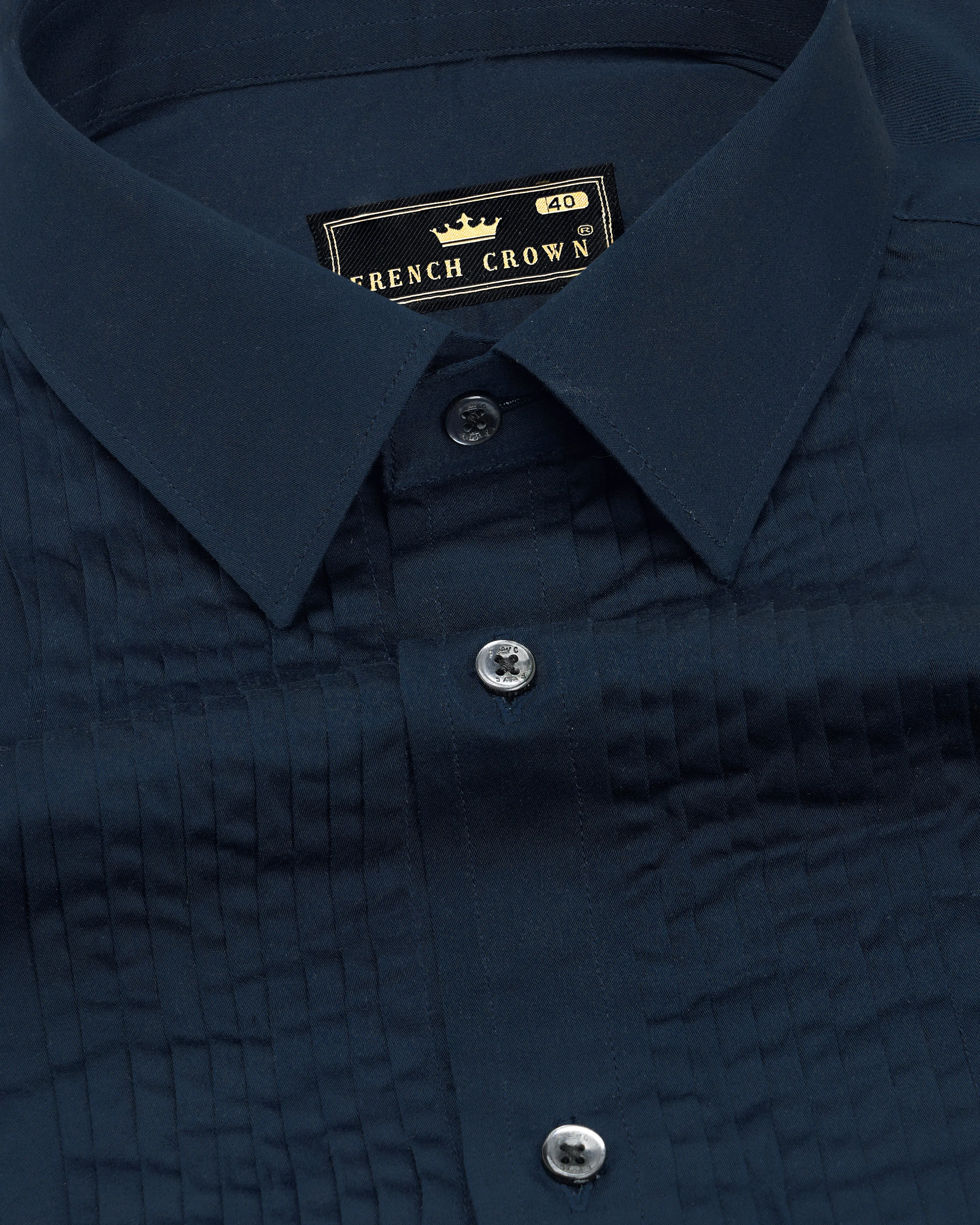 Baltic Sea Navy Blue Subtle Sheen Snake Pleated Super Soft Premium Cotton Tuxedo Shirt