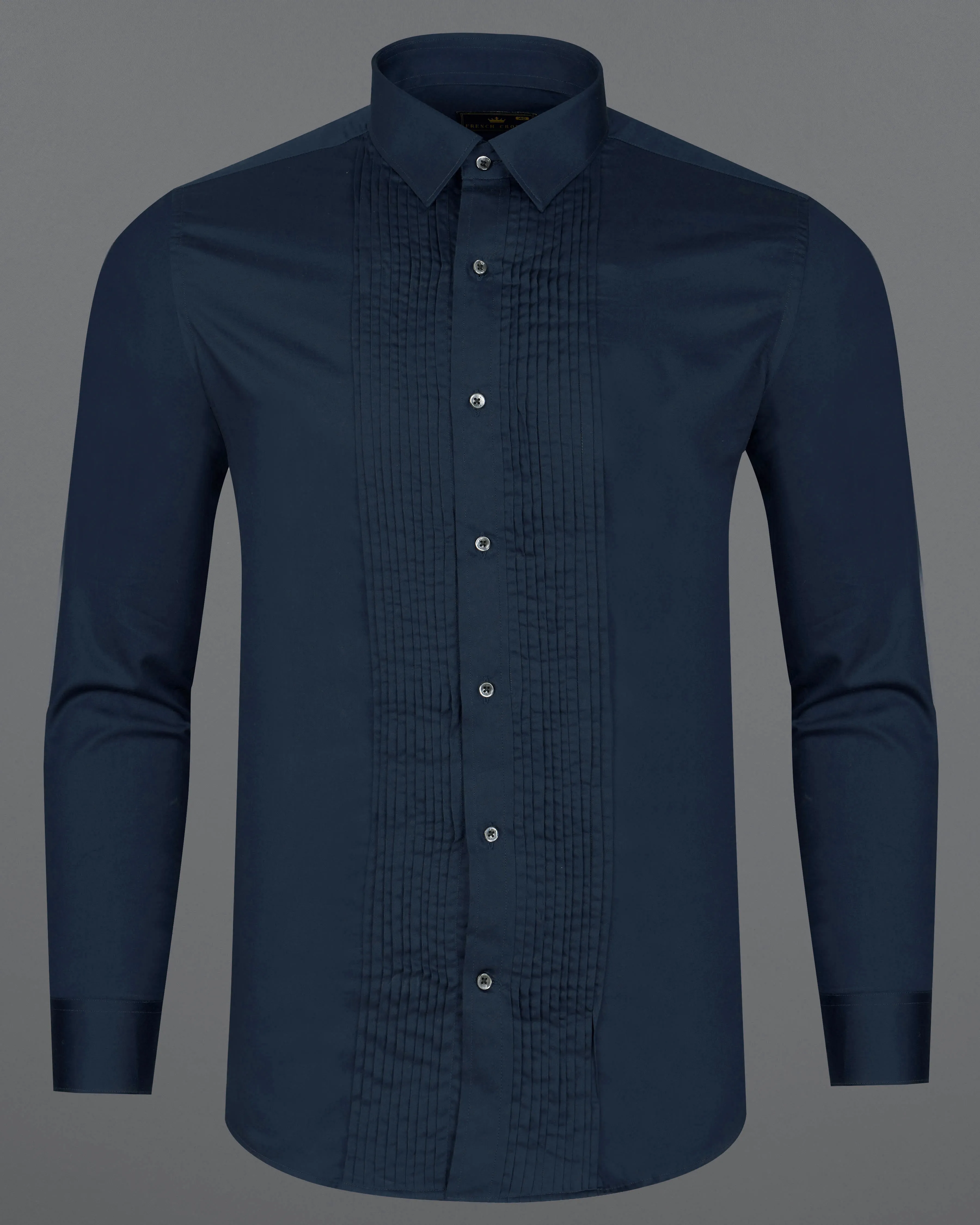 Baltic Sea Navy Blue Subtle Sheen Snake Pleated Super Soft Premium Cotton Tuxedo Shirt