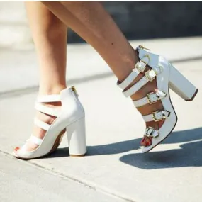 Belt Buckle Chunky Heel Peep-toe Zipper High Heel White Sandals