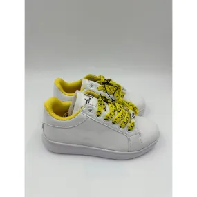 Big Kid Size 1, White Fashion Sneaker with Yellow trim and Yellow & Black Laces