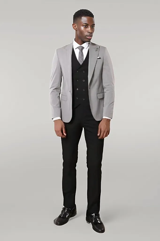 Black Double Breasted Vest Grey Men Suit - Wessi