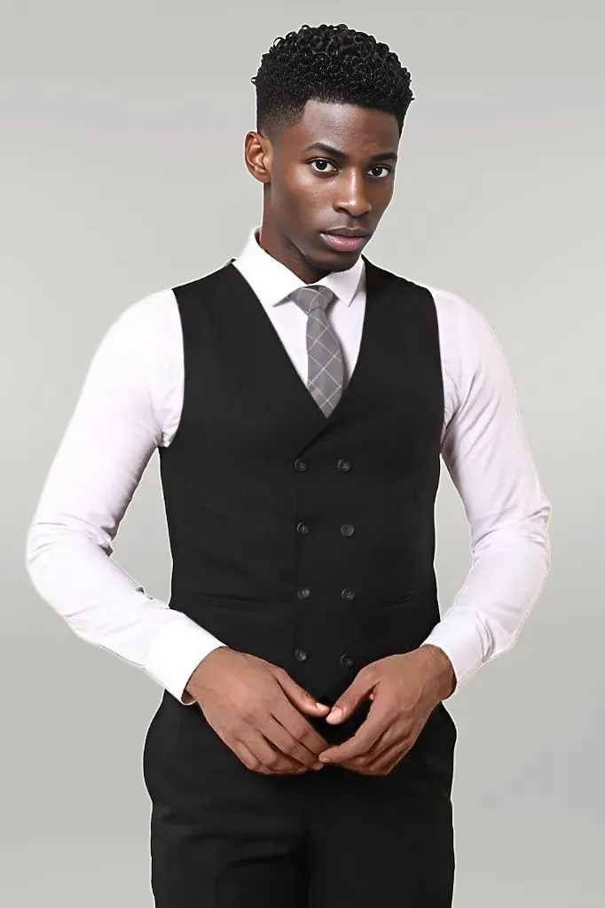 Black Double Breasted Vest Grey Men Suit - Wessi