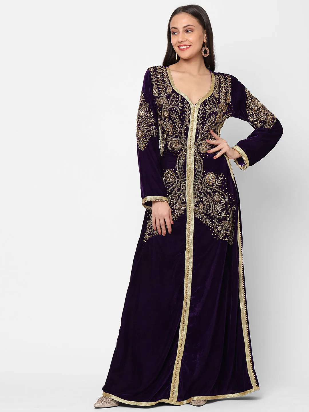 Designer Caftan Evening Party Gown in Purple Velvet