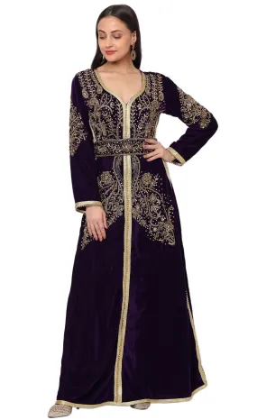 Designer Caftan Evening Party Gown in Purple Velvet