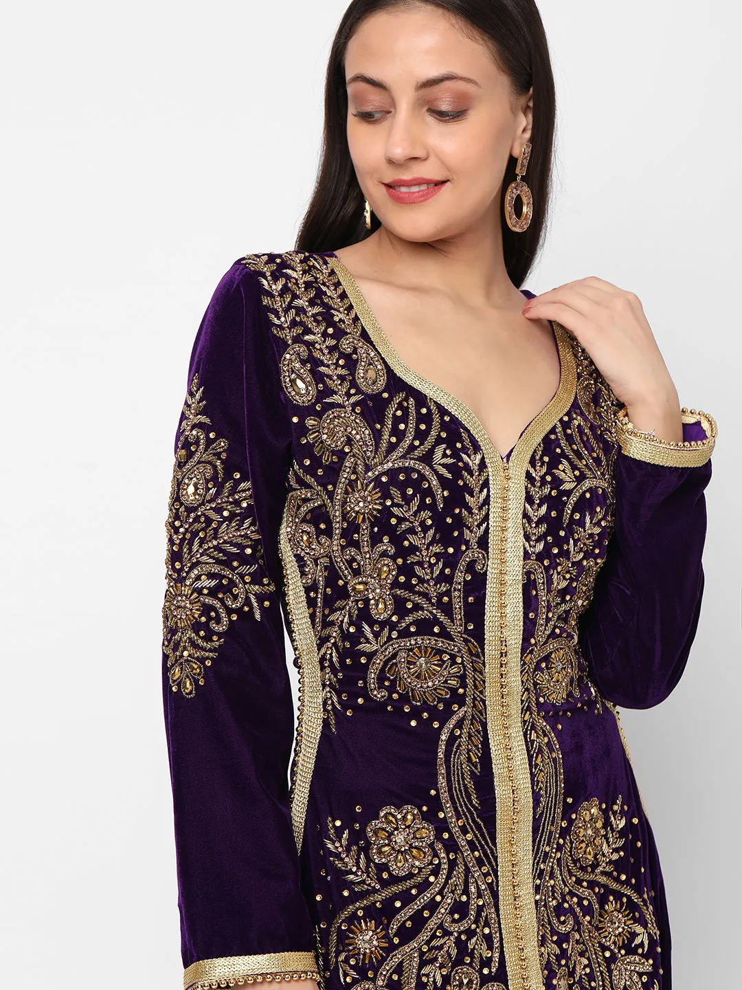 Designer Caftan Evening Party Gown in Purple Velvet