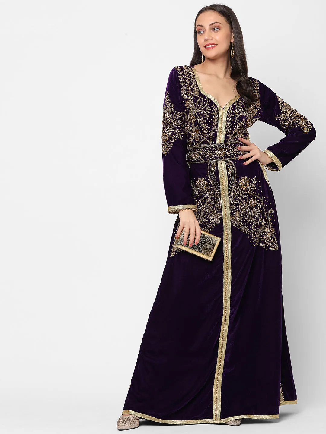 Designer Caftan Evening Party Gown in Purple Velvet