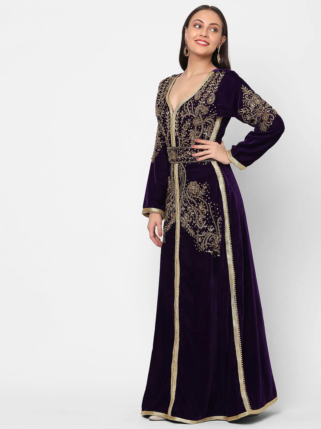 Designer Caftan Evening Party Gown in Purple Velvet