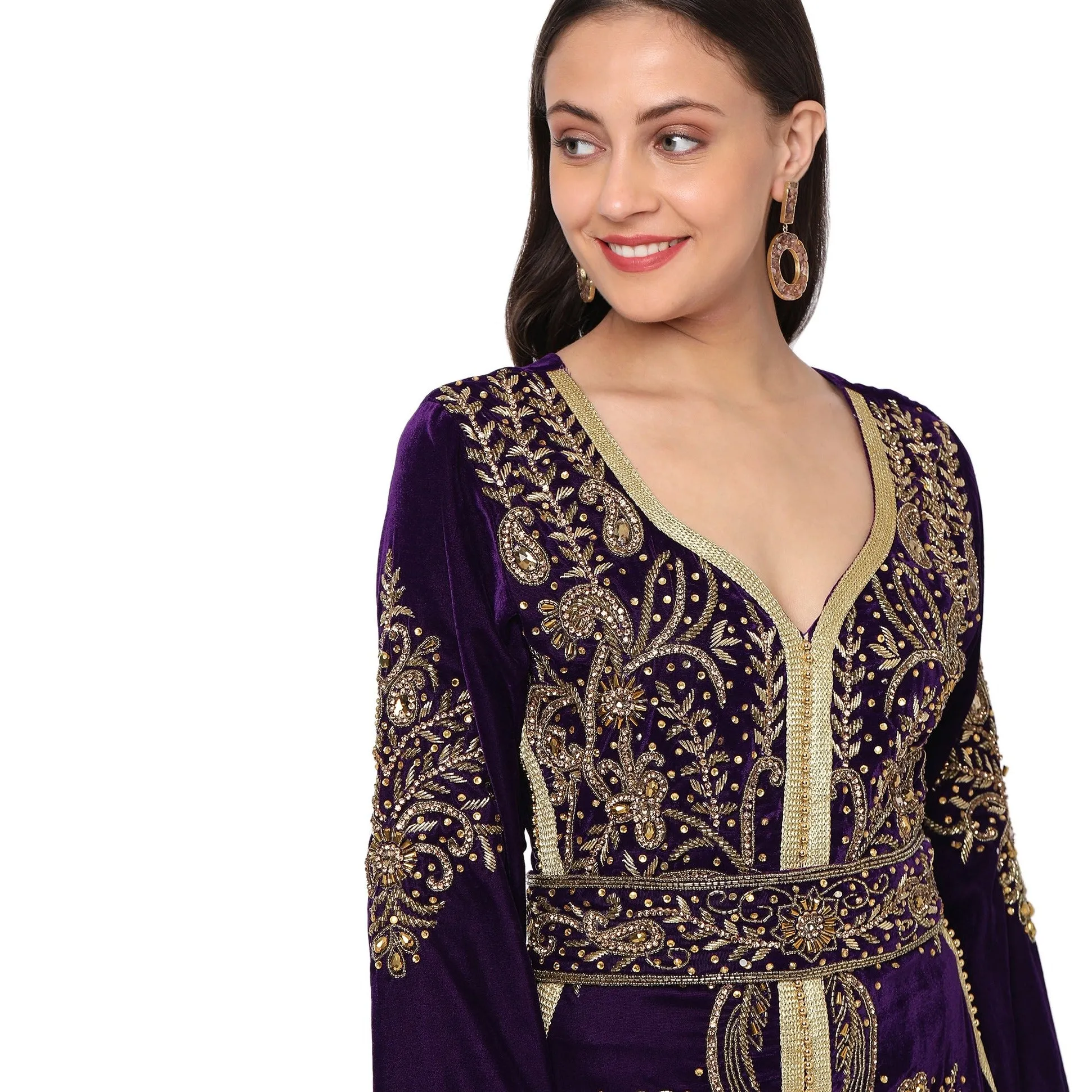 Designer Caftan Evening Party Gown in Purple Velvet