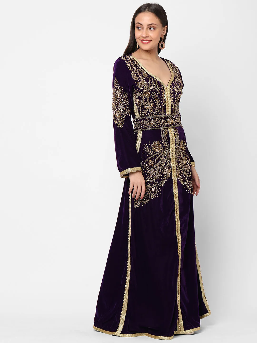 Designer Caftan Evening Party Gown in Purple Velvet