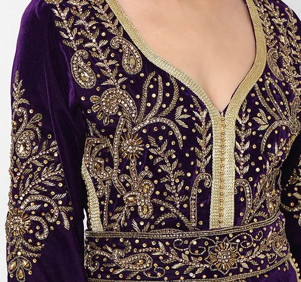 Designer Caftan Evening Party Gown in Purple Velvet