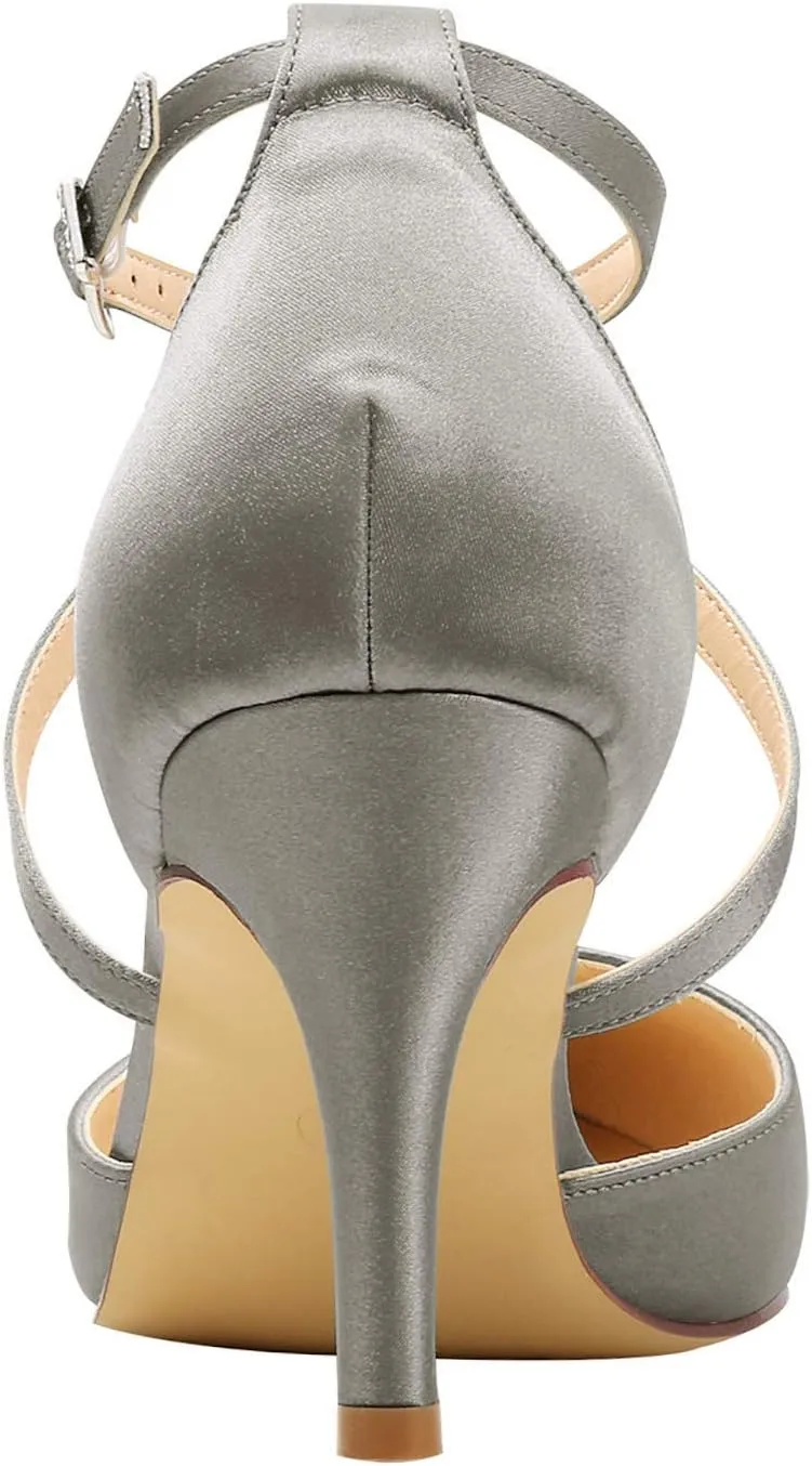 ELEGANTPARK Heels for Women Closed Toe Strappy Pointed High Heel Pumps Satin Pointy Wedding Evening Dress Shoes