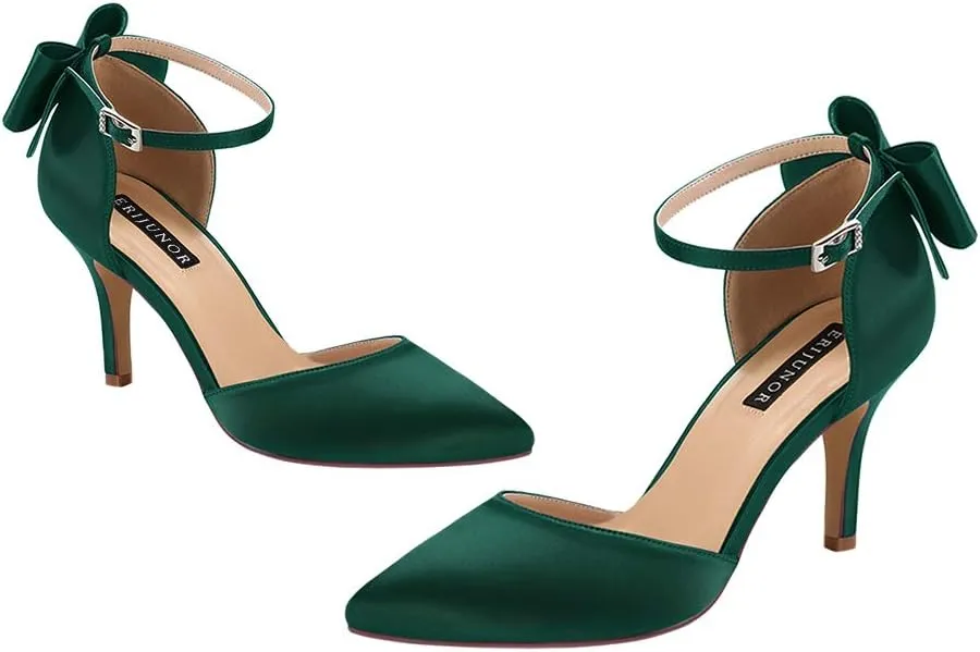 ERIJUNOR Wedding Evening Party Shoes Comfortable Mid Heels Pumps with Bow Knot Ankle Strap Wide Width Satin Shoes
