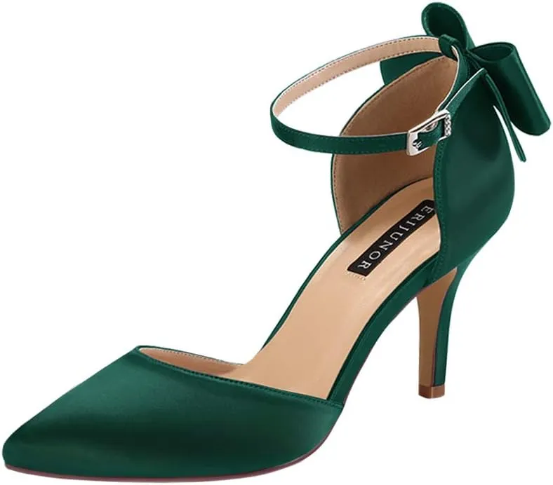 ERIJUNOR Wedding Evening Party Shoes Comfortable Mid Heels Pumps with Bow Knot Ankle Strap Wide Width Satin Shoes