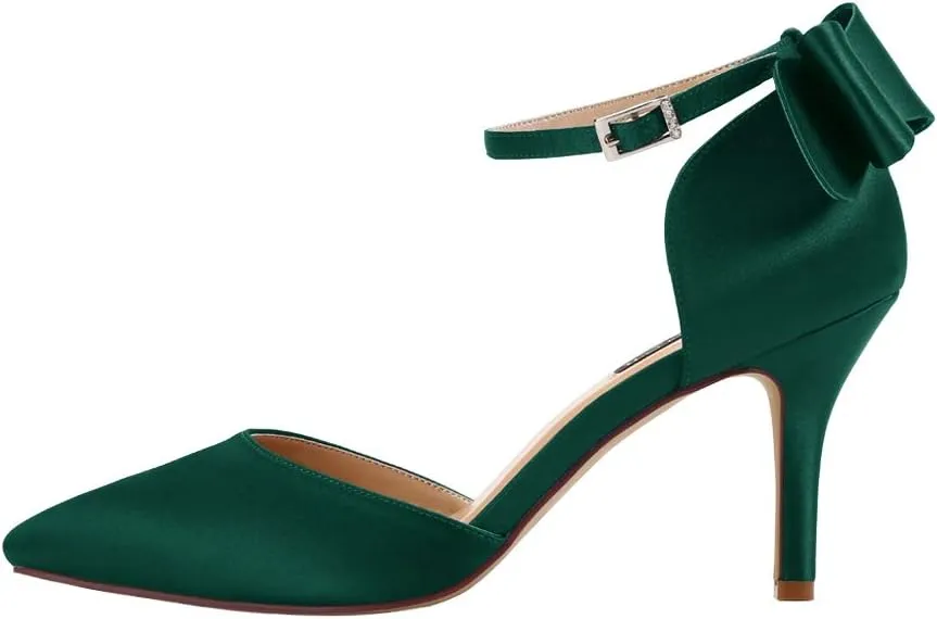 ERIJUNOR Wedding Evening Party Shoes Comfortable Mid Heels Pumps with Bow Knot Ankle Strap Wide Width Satin Shoes