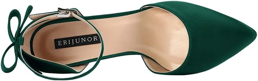 ERIJUNOR Wedding Evening Party Shoes Comfortable Mid Heels Pumps with Bow Knot Ankle Strap Wide Width Satin Shoes