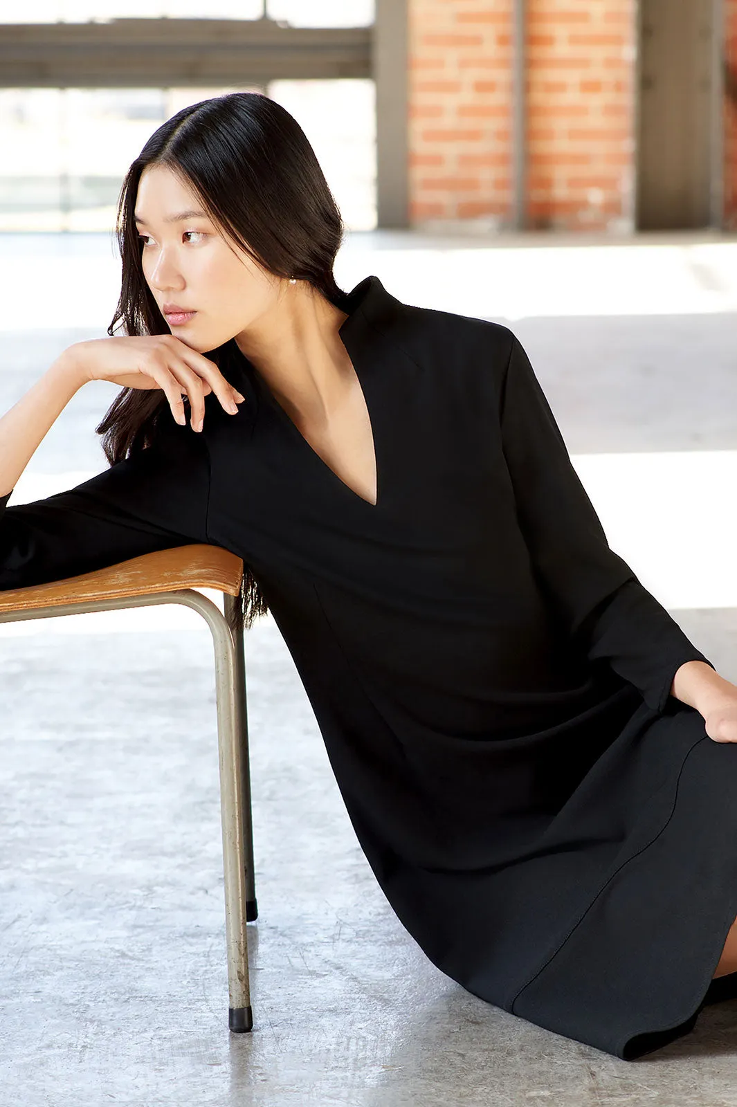 Funnel Neck Deco Crepe Midi Dress