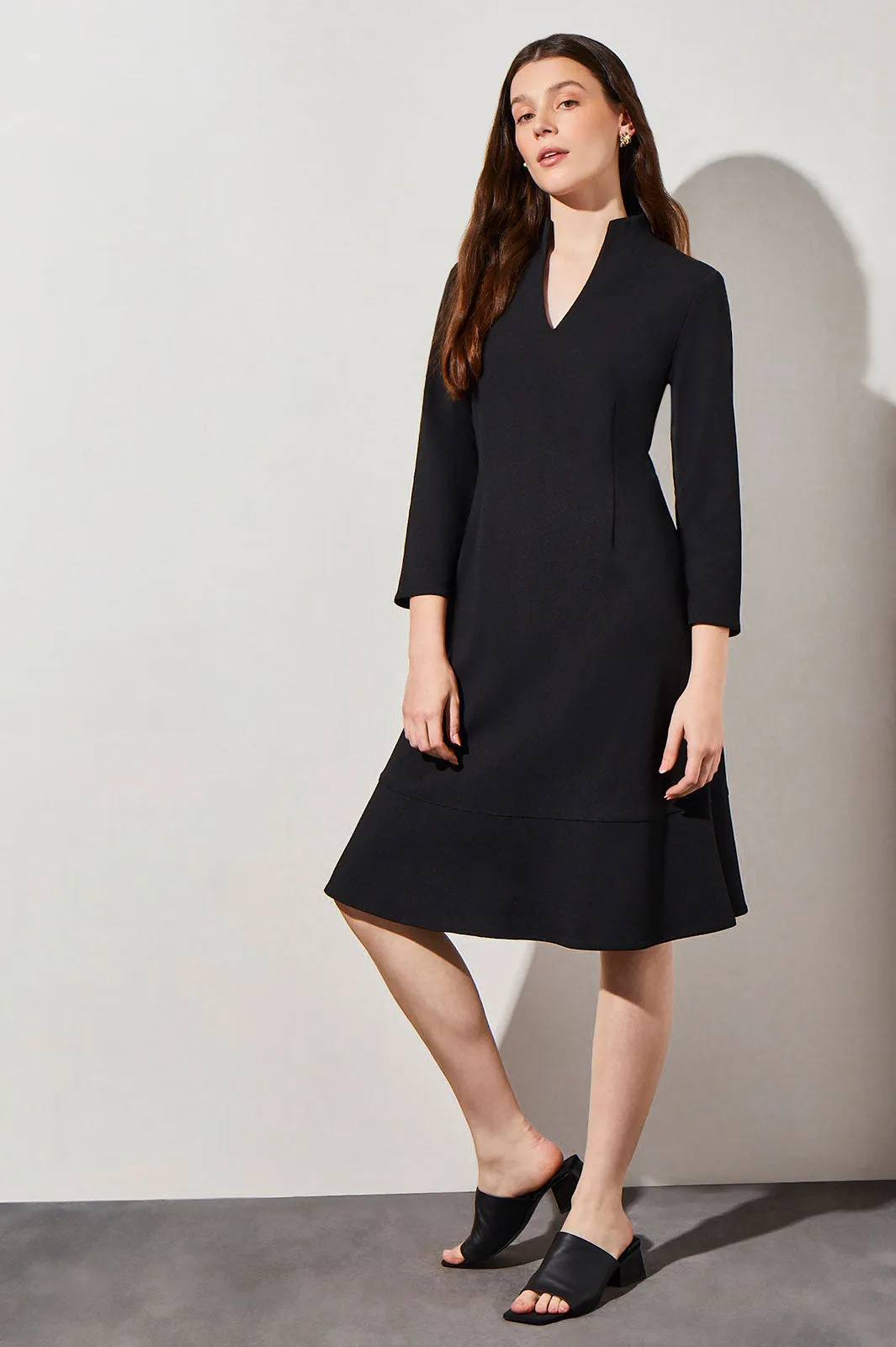 Funnel Neck Deco Crepe Midi Dress