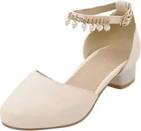 Girls Mary Jane Dress Shoes Pumps Low Heels Flower Party High School Prom Sandals Grils Dress Shoes Toddler Clogs (Beige, 1 Big Kids)