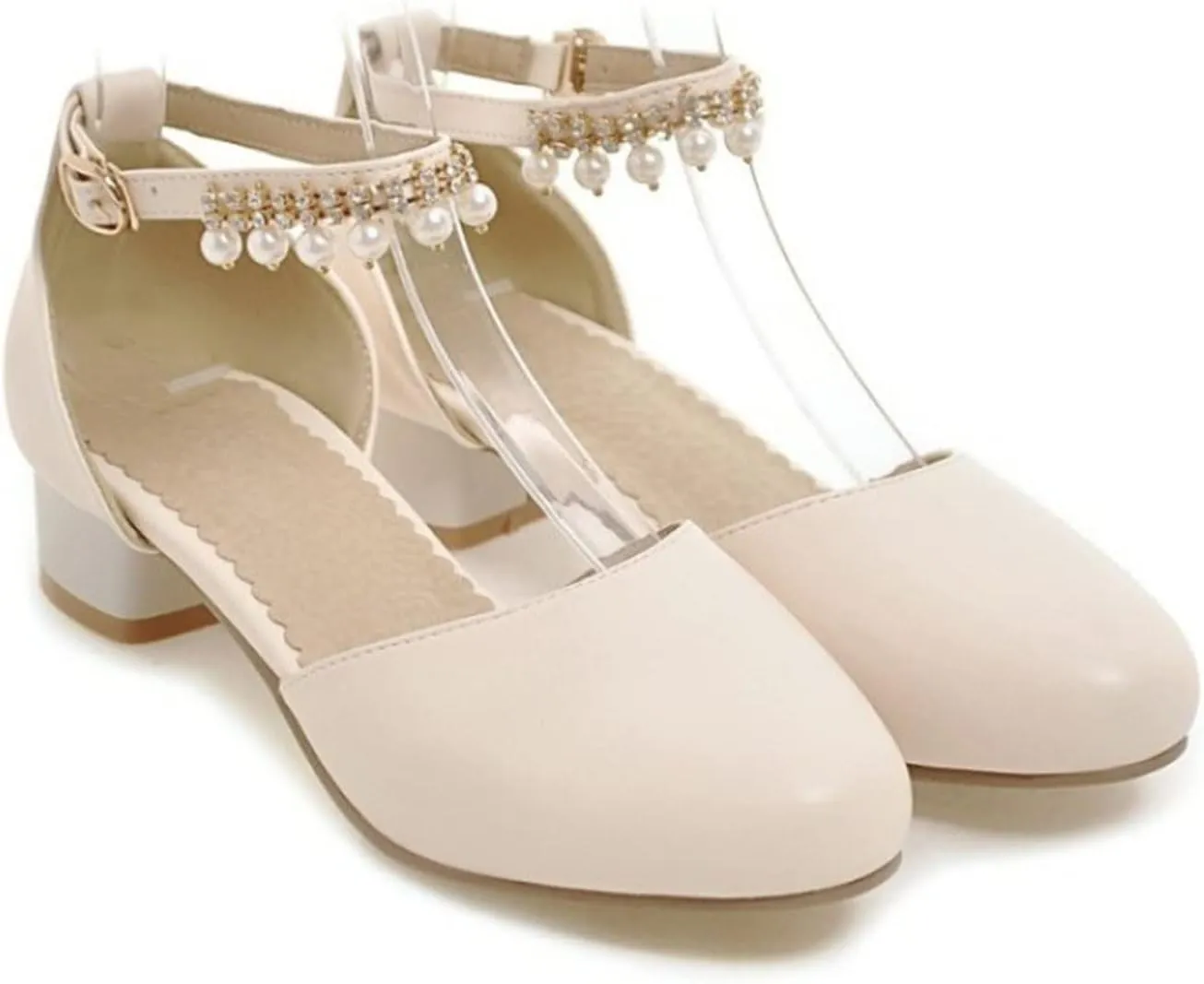 Girls Mary Jane Dress Shoes Pumps Low Heels Flower Party High School Prom Sandals Grils Dress Shoes Toddler Clogs (Beige, 1 Big Kids)