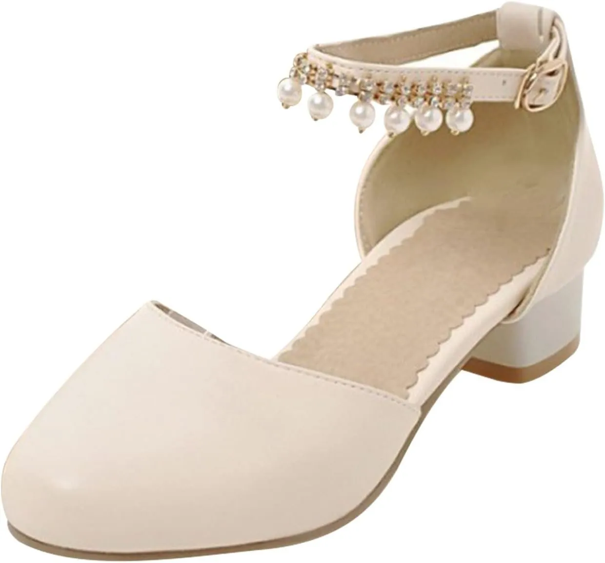 Girls Mary Jane Dress Shoes Pumps Low Heels Flower Party High School Prom Sandals Grils Dress Shoes Toddler Clogs (Beige, 1 Big Kids)