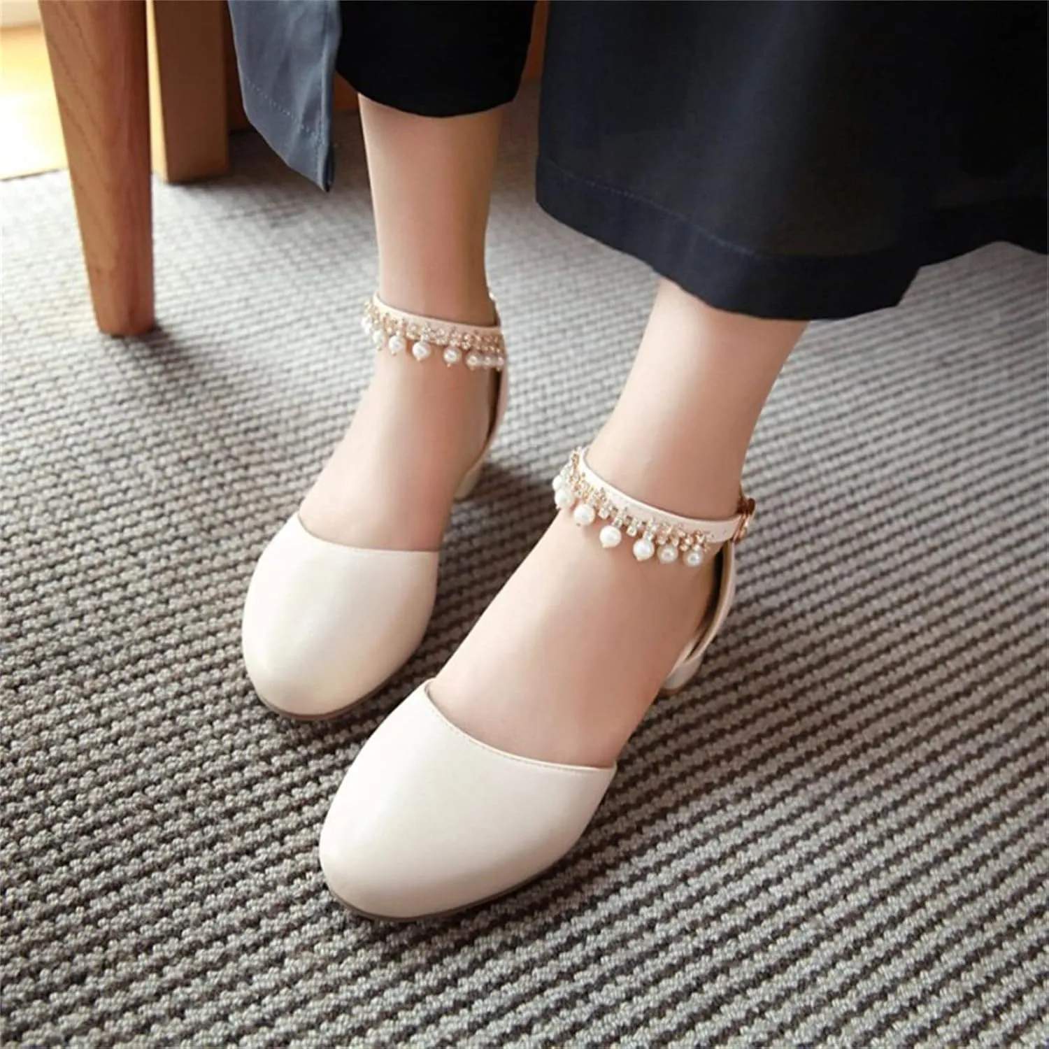 Girls Mary Jane Dress Shoes Pumps Low Heels Flower Party High School Prom Sandals Grils Dress Shoes Toddler Clogs (Beige, 1 Big Kids)