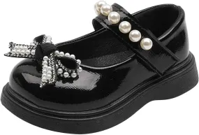 Girls Round Toe Ankle Strap Mary Jane School Shoes with Bow Kids Pearl Strap Chunky Platform Ballet Dress Shoes