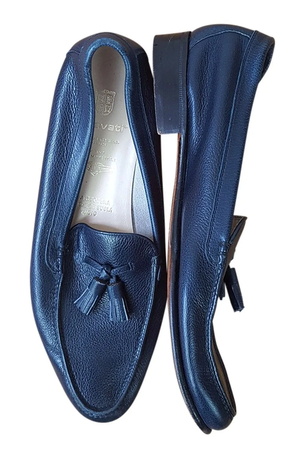 GRAVATI Vintage Blue Black Leather Tasselled Flats (EU 38 | UK 5)