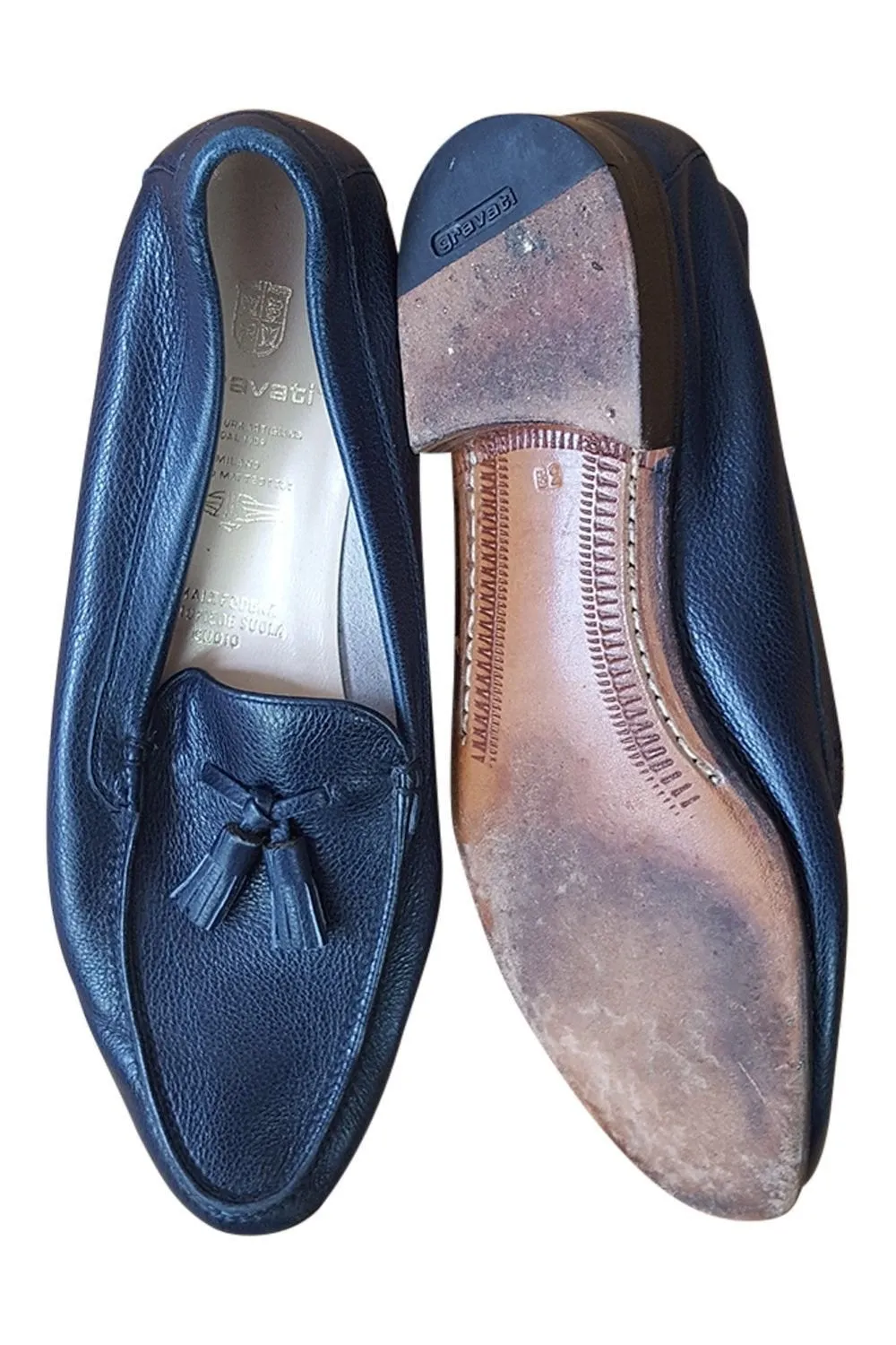 GRAVATI Vintage Blue Black Leather Tasselled Flats (EU 38 | UK 5)