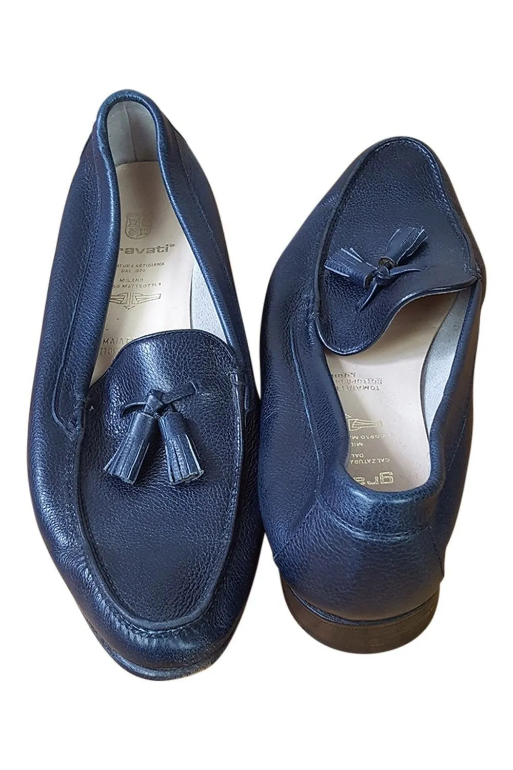 GRAVATI Vintage Blue Black Leather Tasselled Flats (EU 38 | UK 5)