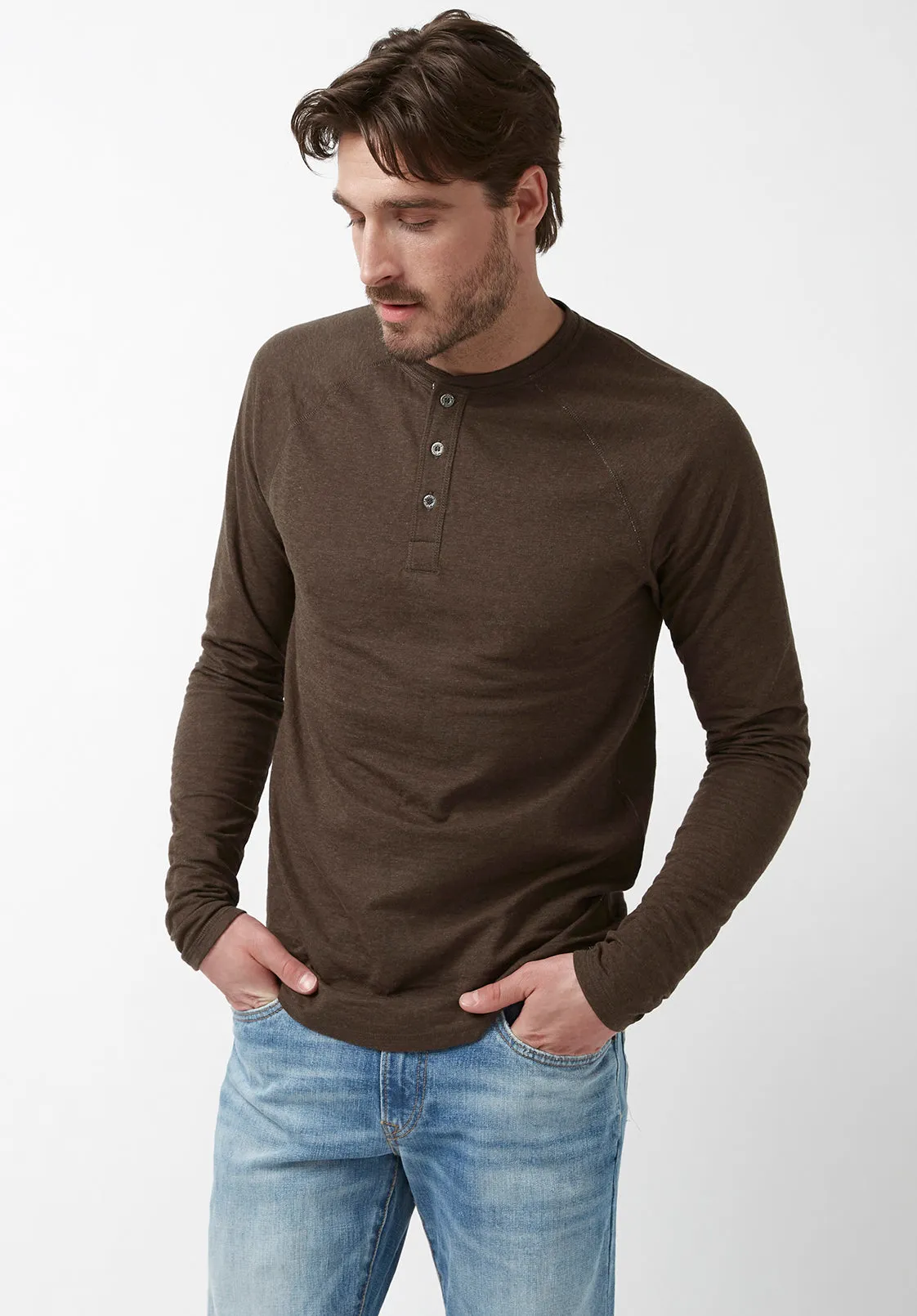 Kariver Men's Long-Sleeve Henley Top in Brown - BM24026