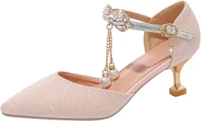 Kids Pointed Toe Heels Pumps for Girls Hook Buckle Pearls Wedding Party Sandal 2025 Toddler Girl Active Sandals
