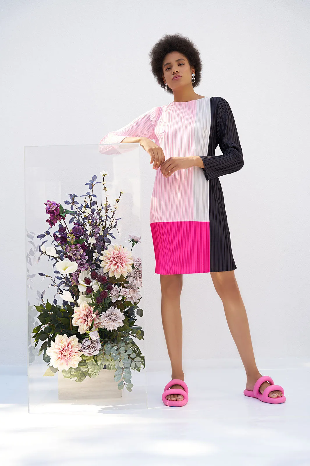 Knee-Length Dress - Fine Pleat Crepe de Chine