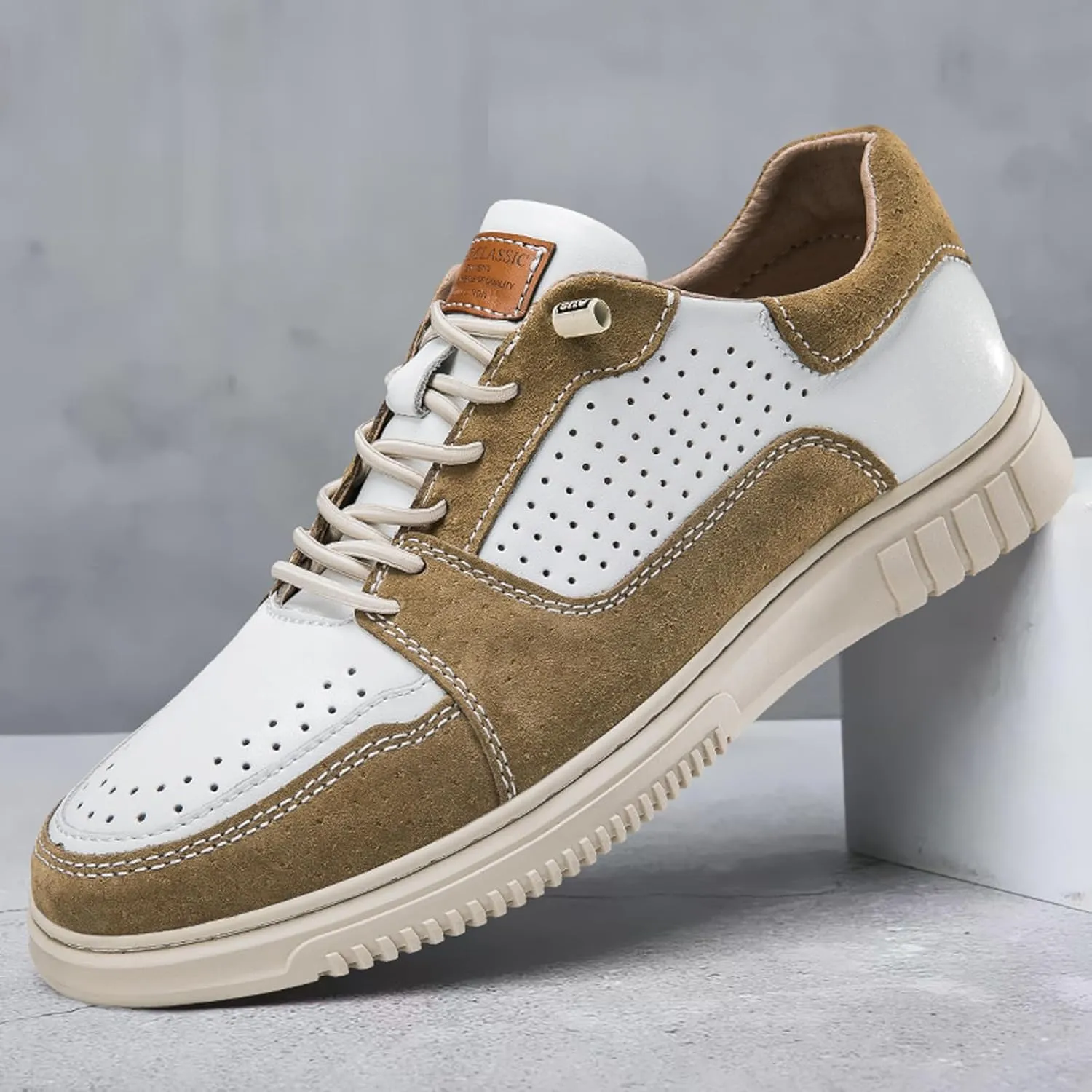 Men’s Elevator Shoes Height Increase – 2.3 Inch Invisible Height Boost – Suede & Leather Upper, Slip-On Style with Elastic Laces, Non-Slip Sole, Stylish Casual Leather Shoes for Men