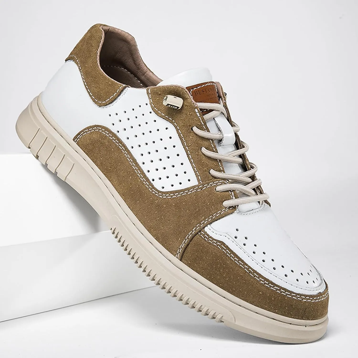 Men’s Elevator Shoes Height Increase – 2.3 Inch Invisible Height Boost – Suede & Leather Upper, Slip-On Style with Elastic Laces, Non-Slip Sole, Stylish Casual Leather Shoes for Men