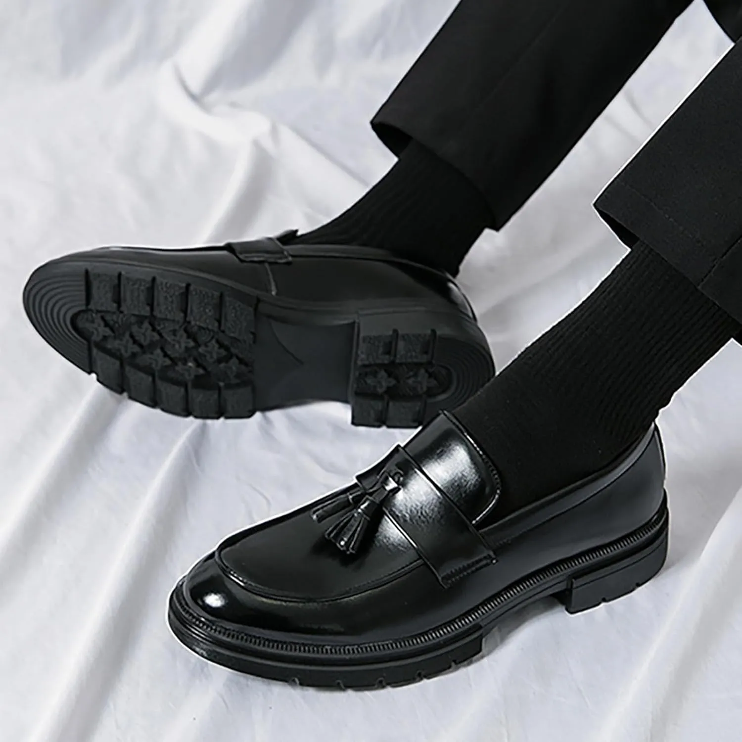 Men's Tassel Leather Slip-on Oxfords， Soft and Comfortable Slip-on Footwear Driving Party Business Work Shoes