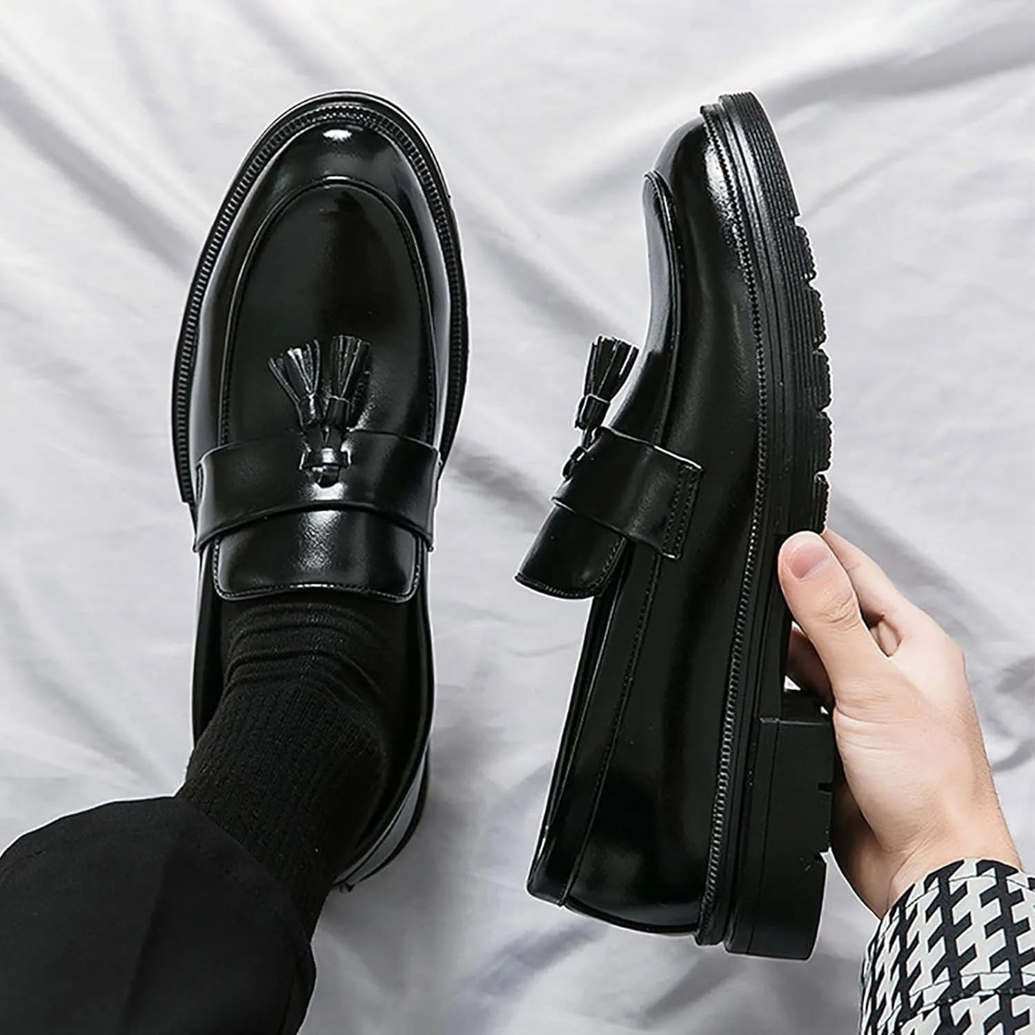 Men's Tassel Leather Slip-on Oxfords， Soft and Comfortable Slip-on Footwear Driving Party Business Work Shoes