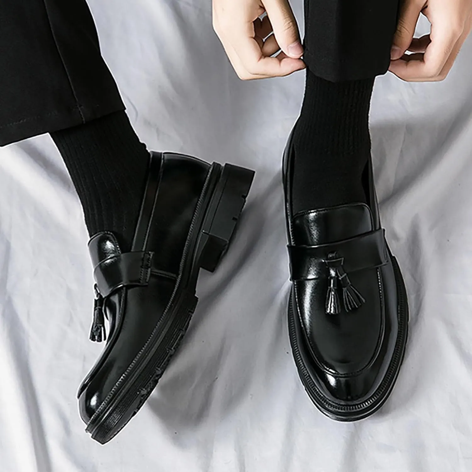 Men's Tassel Leather Slip-on Oxfords， Soft and Comfortable Slip-on Footwear Driving Party Business Work Shoes