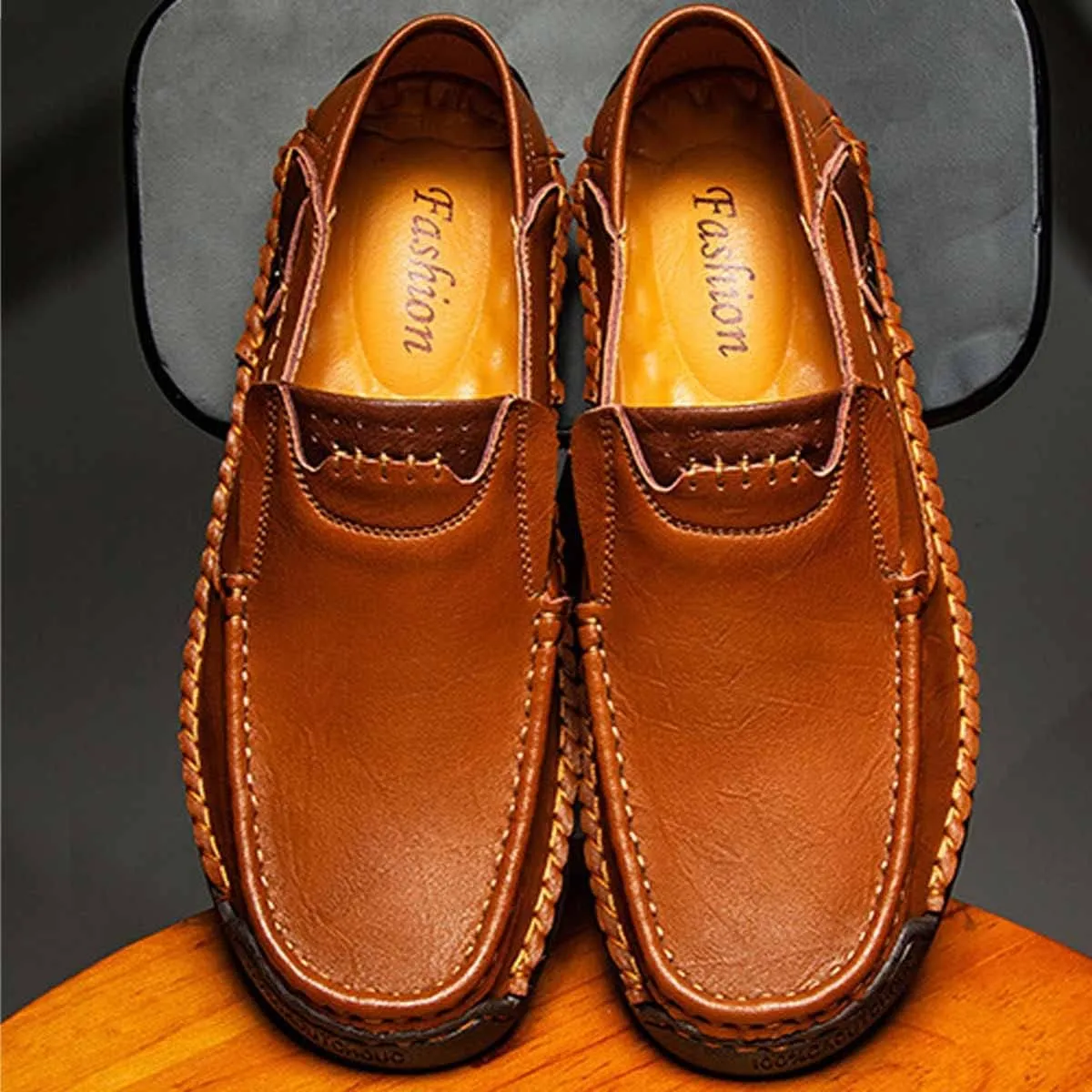 MSYINGL Men's Casual Leather Slip on Shoes,Breathable Comfortable Walking Shoes,Office Driving Shoes Slip-On Flats