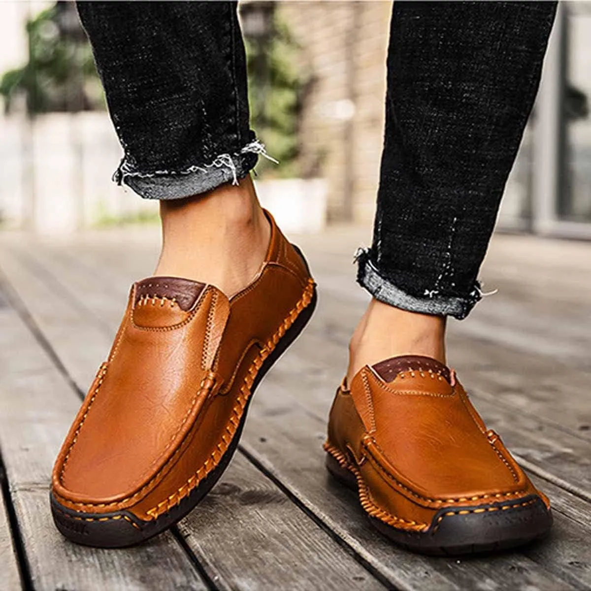 MSYINGL Men's Casual Leather Slip on Shoes,Breathable Comfortable Walking Shoes,Office Driving Shoes Slip-On Flats