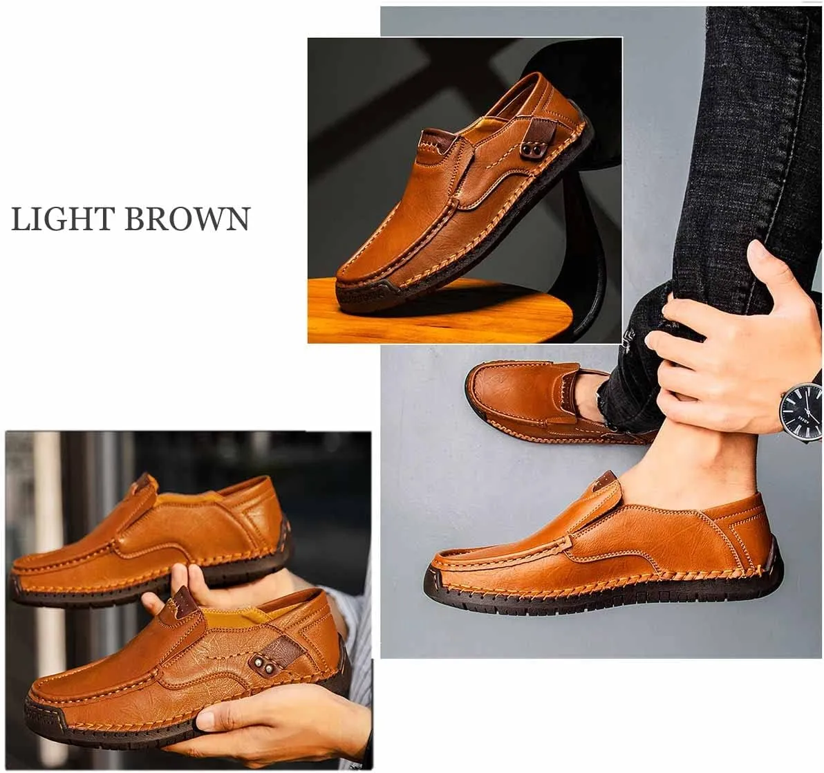 MSYINGL Men's Casual Leather Slip on Shoes,Breathable Comfortable Walking Shoes,Office Driving Shoes Slip-On Flats