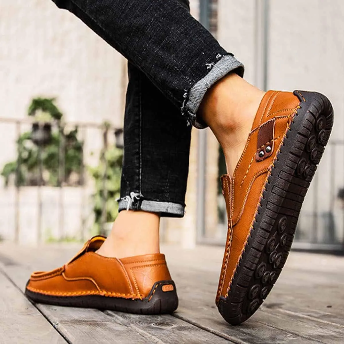 MSYINGL Men's Casual Leather Slip on Shoes,Breathable Comfortable Walking Shoes,Office Driving Shoes Slip-On Flats