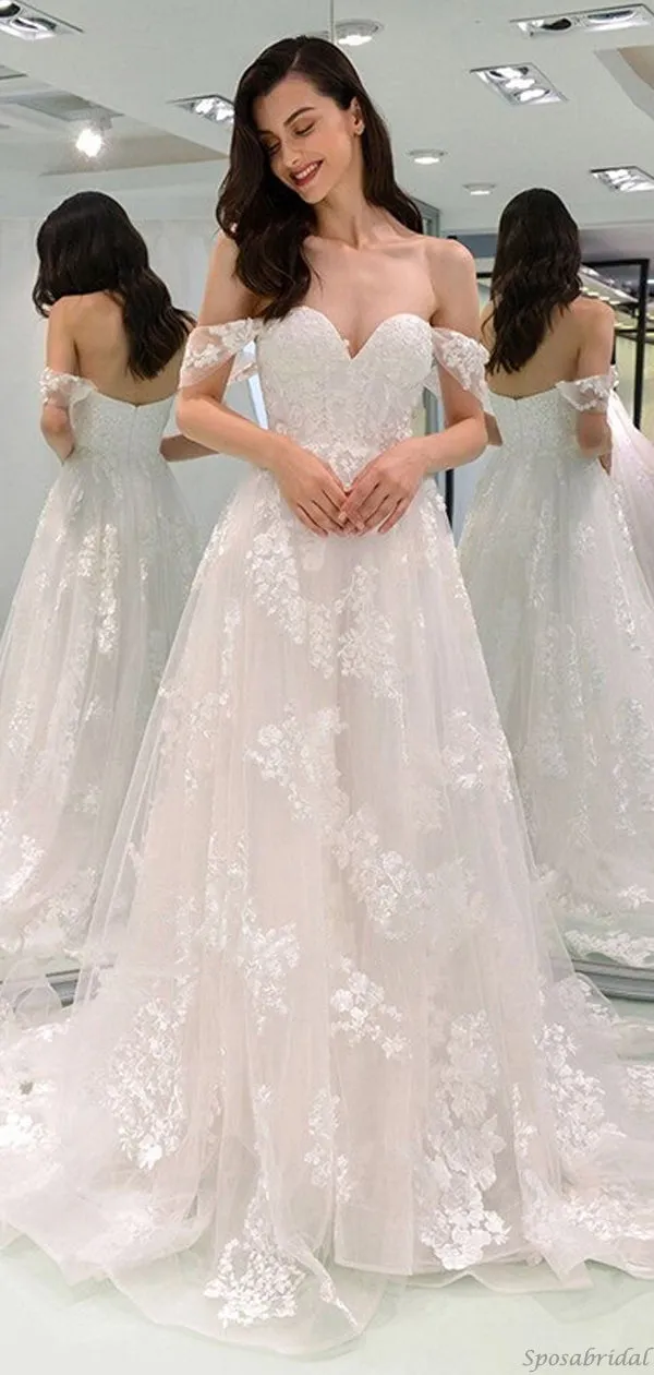 Sexy Off-shoulder Sweetheart Full Appliques Long A-line Wedding Dress, WD3048